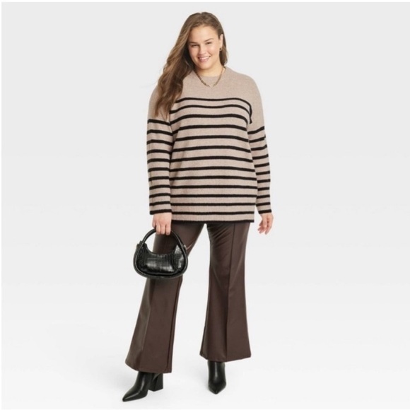 A New Day Crewneck Tunic Pullover Sweater Tan Black Striped Women’s XS Fall Work - Picture 4 of 8